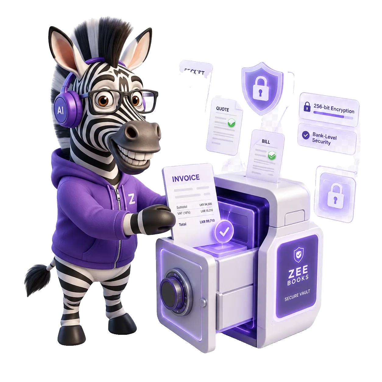 Zee the zebra locking documents into the Zee Books secure vault